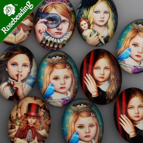 30x40mm oval pattern glass cabochon,mixed pretty girl pictures,flat back,thickness 8mm,sold 10pcs/lot-C4553