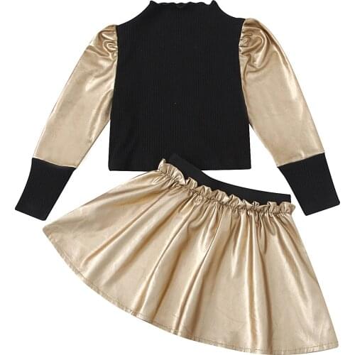 Citgeett Spring Kids Baby Girl Top A-Line Skirt Knitting Long Sleeve Ruffle Neck Shirts Patchwork 2pcs Suit Clothes Autumn Set