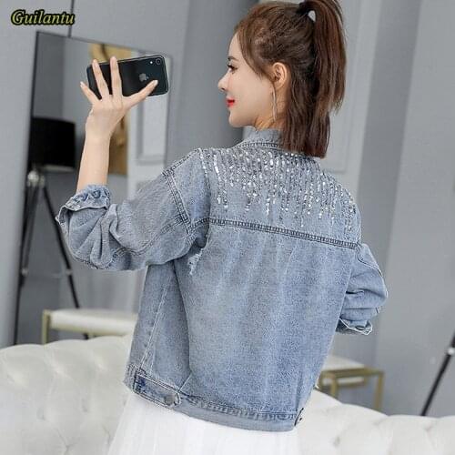 Guilantu 2021 New Womens Denim Jacket Coat Spring Turn-down Collar Single Breasted Loose Vintage Sequins Jeans Jackets Female