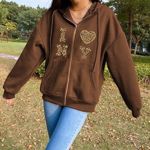 Letter Love Print Zip Hoodie Women Long Sleeve Zipper Sweatshirts for Women Cotton Hoodis Oversized Streetwear Zip Up Jacket