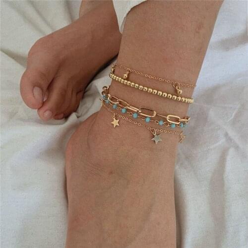 Bohemian Multi Layer Gold Color Beads Anklets for Women Ankle Bracelet on Leg Star Butterfly Anklet Boho cavigliera Foot Jewelry