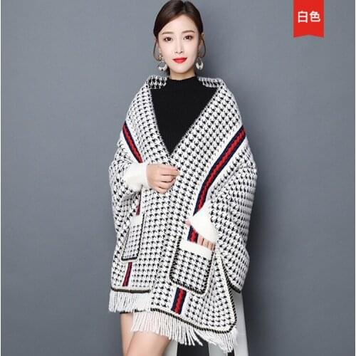 Lady Imitation Mink Plaid Cardigans Thick Poncho Houndstooth Autumn Winter Shawl Open Stitch Batwing Sleeves Cloak With Pocket