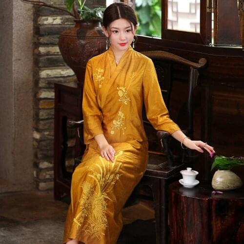 Beautiful Early Autumn New V-Neck + Belt Hanfu Retro Embroidery Tencel Cotton Three Quarter Sleeve Womens Long Dress S-XXL