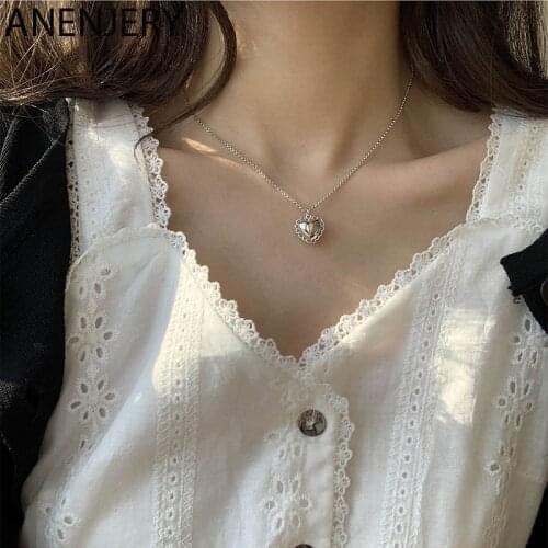 ANENJERY 925 Sterling Silver Lace Heart Pendant Necklace For Women 2020 Sweet Girls EleganParty Choker Jewelry Gifts S-N719