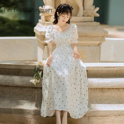 2020 Summer New Arrival High Quality Retro Hot Sale V Collar Puff Sleeve Lace Dots Printed Women Chiffon Long Dress