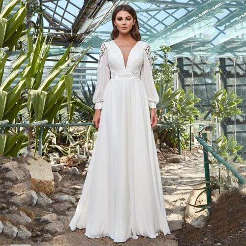 Vestido de Noiva Manga Longa White Cheap Wedding Dress Plus Size Lace Floor Length Bride Gowns Puffy Sleeve 2021