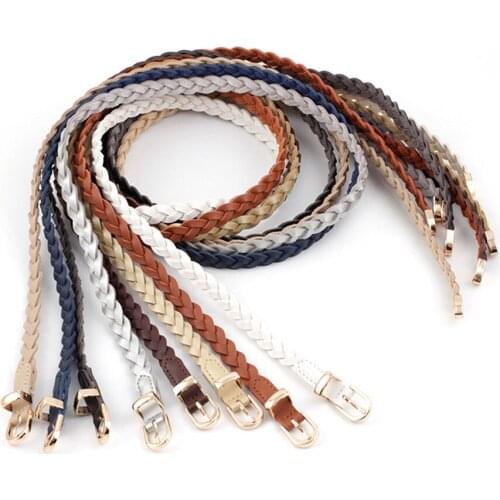 110x1.2cm Womens Dress Thin Belt Pu Leather Braided Belt Golden Pin Buckle 1.2cm Width New Fashion Causal Waistband
