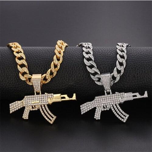 Trendy Cool Crystal Bling AK47 Gun Rifle Pendant Necklace European Hip Hop Gold Cuba Chain Necklaces Jewelry For Men Gift