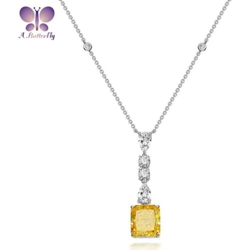 Fashionable 925 Sterling Silver Simulation Yellow Diamond Ice Flower Cut Pendant Necklace Birthday Gift Chain Length 40+3cm