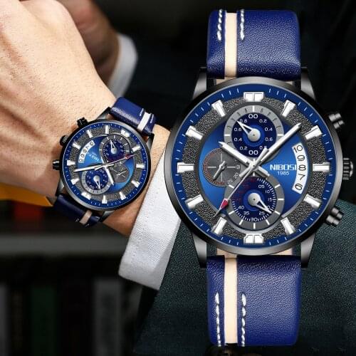 NIBOSI Relogio Masculino Leather Men Watches Fashion Blue Top Luxury Brand Business Quartz Watch Waterproof Chronograph Clock