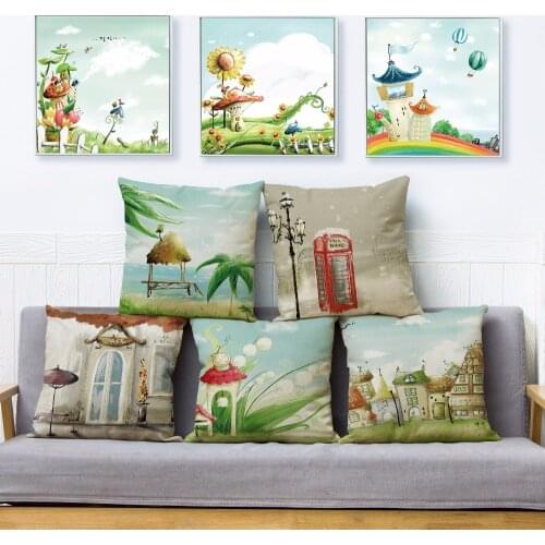 Cartoon Fairy Tale World Scenic Print Pillow Cover 45*45cm Square Cushion Covers Linen Pillow Case Sofa Home Decor Pillows Cases