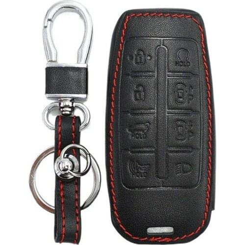 Black Leather Car Key Case Cover 8 Buttons Key Chain Cover Case For 2020 2021 Hyundai Genesis G80 Car Keys Holder Case