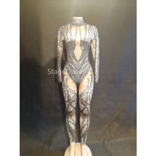 Nightclub DjDs Bar Wear Sexy Black Nude Rhinestone Jumpsuit Stones Bodysuit Leggings Prom Celebrate Outfit Performance Jumpsuit