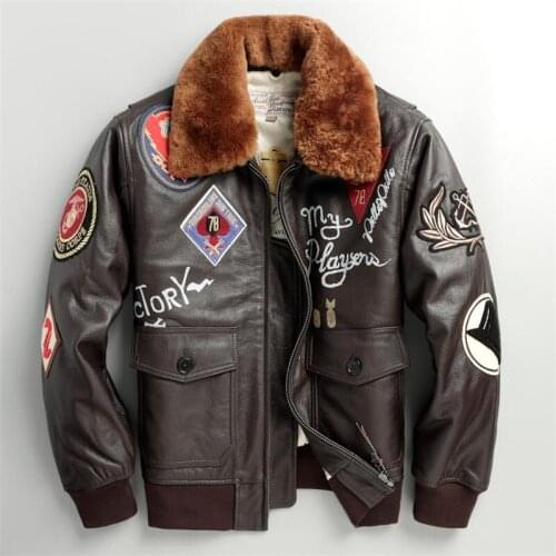 Mens Genuine Leather Motorcycle Fur Collar Autumn/Winter Cowhide Leather Jacket Air Force Flight Suit Leather Jacket Coat