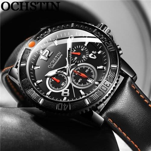 OCHSTIN Man WristWatch Chronograph Auto Date Sport Men Watch Military Top Brand Luxury Genuine Leather Business Male Clock 6045