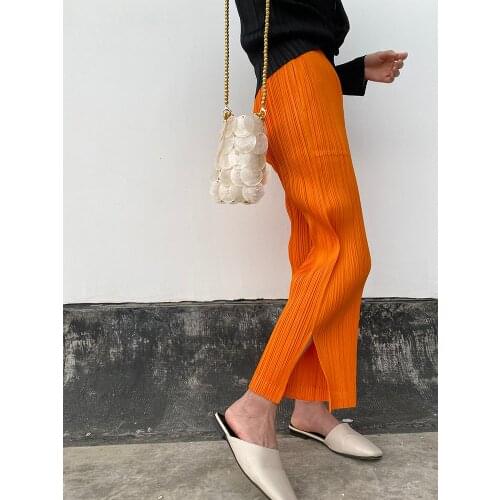 Miyake pleated pants straight pants plus size fall 2020 high waist casual big orange Ankle-Length Pants joggers Korean women
