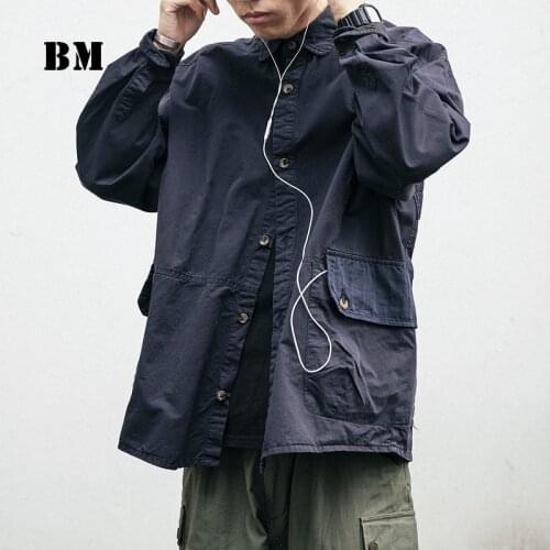2021 Spring New High Quality Harajuku Cotton Tooling Shirt Japanese Streetwear Big Pocket Thin Coat Fashion MenS Clothing