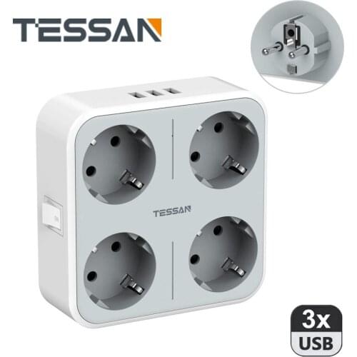 TESSAN Multiple Socket Power Strip European Plug with 4 AC Outlets 3 USB Ports Overload Protector Switch EU Wall Charger Adapter