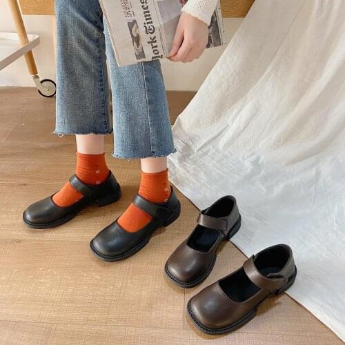 Vintage Lolita Mary Jane Shoes For Woman Girls Round Head PU Leather Shoes Black Brown