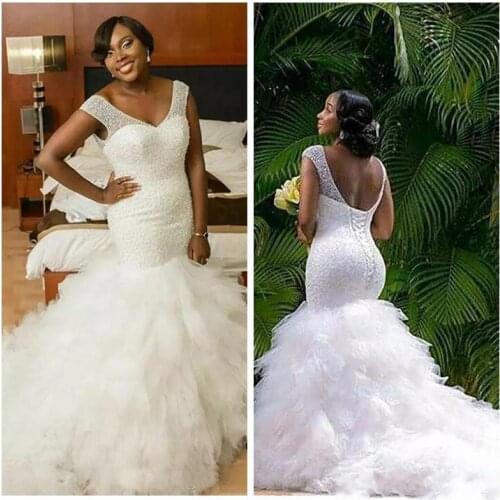 V-Neck Mermaid Wedding Dresses Custom Beaded Slim Tulle Puffy Bridal Gowns Lace Up Back Formal Vestidos De Marriage Plus Size