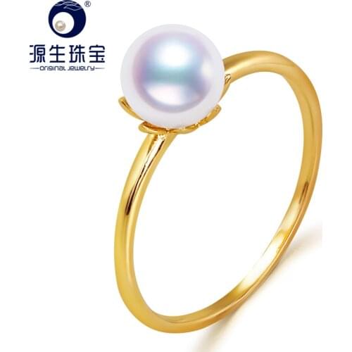 YS Pure 14k Gold 6-6.5mm White Natural Japanese Akoya Pearl Ring Wedding Fine Jewelry