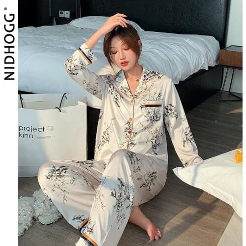 Womens Silk-like Sexy Pajamas Turn-down Collar Long Sleeve Satin Sleepwear Two Piece Set Autumn Nightwear Printing Night Gown