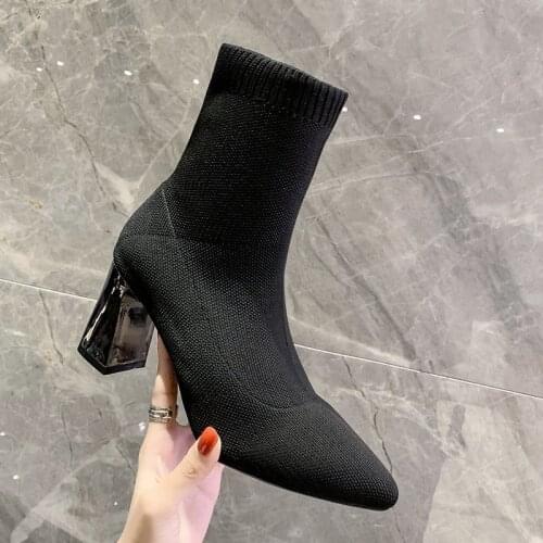 Ankle Boots Women High Quality Black Stretch Sock Boots High Heels Boots Female Thick Heels Short Booties Botas Mujer 2020