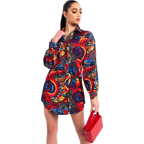 Dresses for Women 2021 Single Breasted Urban Casual Printed Long Sleeve Cardigan Casual Pleated Printed Multicolor Shirt Dress
