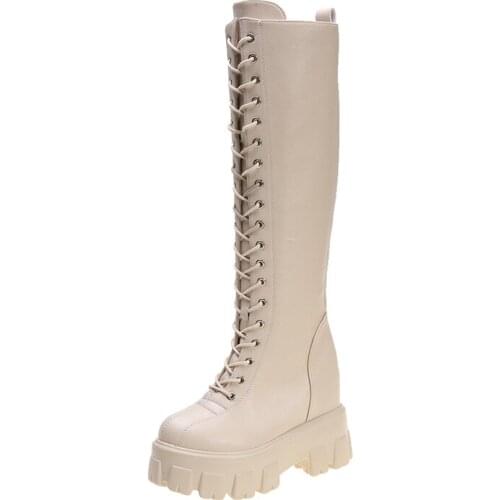 Krasovki Fashion Women Cross Strap PU Leather Boots Autumn Winter Knee High Boots Ladies Thick Sole Platform Botas Mujer