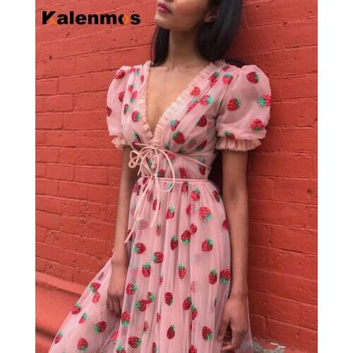 Mesh Dress Women Black Strawberry Summer Puff Sleeve Large Size Sequin Embroidered Dress Francais Korean Japan Lolita Gothic