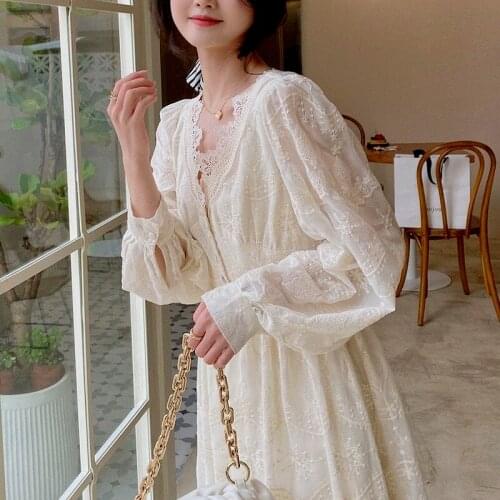 Autumn White Elegant Fairy Dress Women High Waist Princess Lace Vintage Dress Female Long Sleeve V-Neck Party Casual Sundress