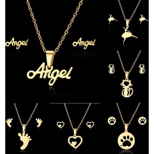 2021 New Jewelry Gift Fashion Dancing Girl Heart Cat Paw Angel Stainless Steel Pendant Necklace Earrings for Women Jewelry Sets