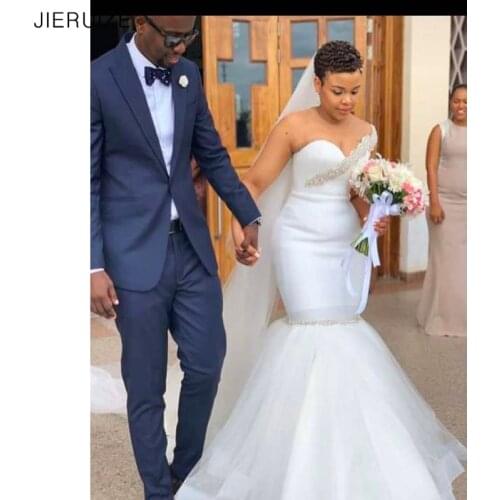 JIERUIZE White One Shoulder Mermaid Wedding Dresses Crystals Sweetheart Lace up Back Bridal Wedding Gowns vestido de noiva