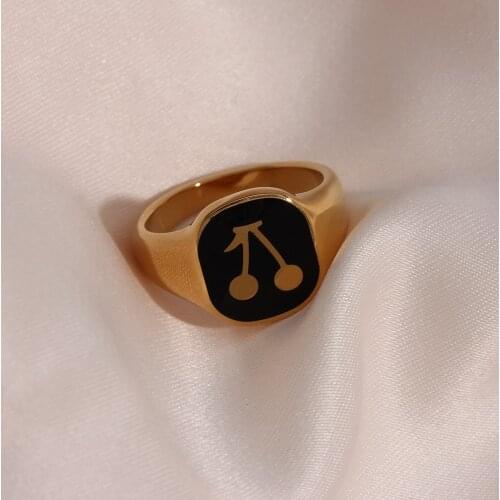 2021 Summer Hot Black Red Blue Enamel Stone Ring Lovely Stainless Steel PVD Plated Cherry Pattern Gold Rings For Women