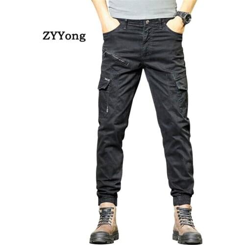 High Street Men Cargo Pants Cotton Zipper Decoration Military Style Multi-Pockets Little Feet Casual Trousers Freight Overalls