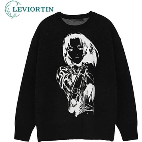 Hip Hop Oversized Mens Pullovers Winter Harajuku Sweaters Japanese Cartoon Gril Skeleton Graphic Streetwear Knitted Sweater