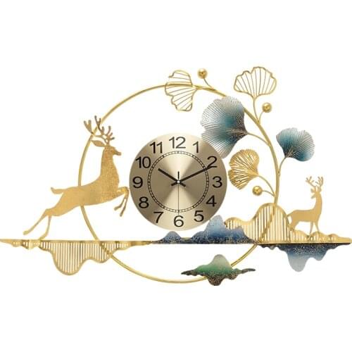 New Chinese Wrought Iron Ginkgo Leaf Deer Wall Clocks Home Livingroom Wall Mural Crafts Art Hotel lobby Wall Sticker Decoration