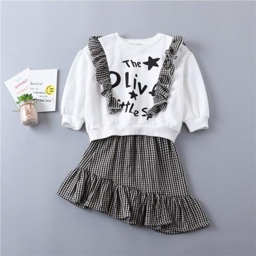 0-6 years High quality girl clothing set 2019 spring new preppy style kid children clothing cotton T-shirt+Irregular plaid skirt
