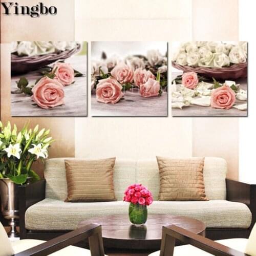 Full Square/Round Diamond Painting Pink Rose Flowers Embroidery diamond 3 pcs/set Mosaic Pictures of Rhinestones decor art