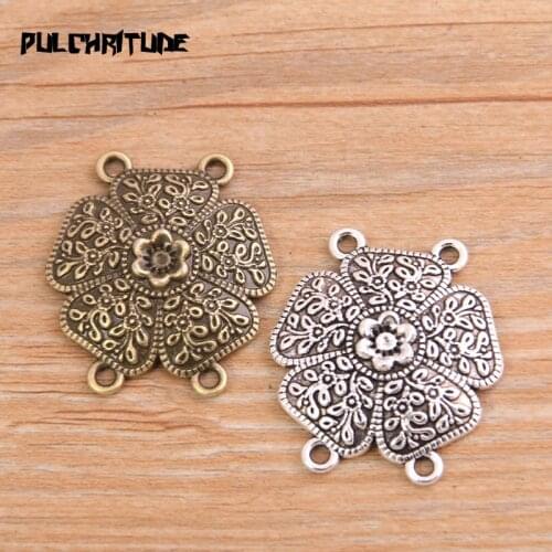 PULCHRITUDE 6pcs 28*31mm Retro Two Color Zinc Alloy Shaped Flower Pendants Connectors Linker For DIY Charm Jewelry Accessorie