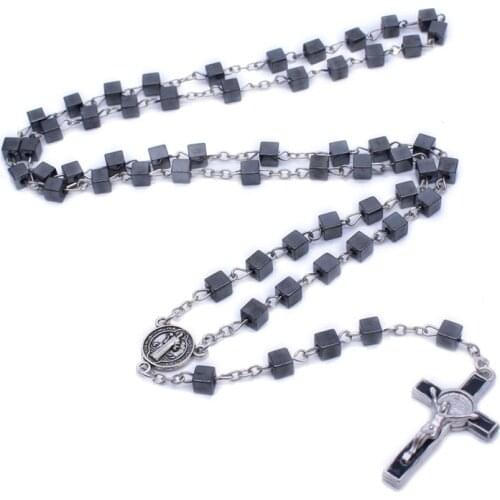 QIGO Catholic Rosary Jewelry Square Beads Long Cross Strand Necklace