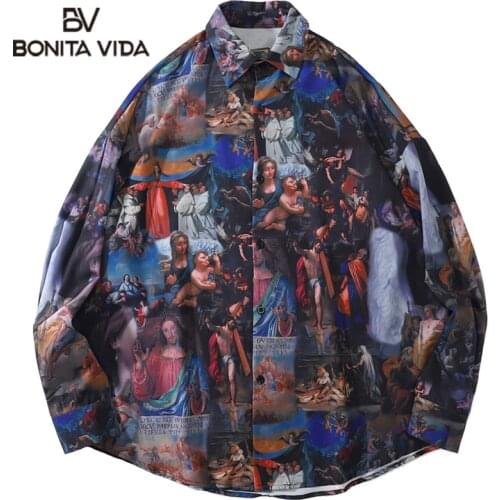 Bonita Vida Streetwear Shirts Hip Hop Cartoon Virgin Print Long Sleeve Shirts Harajuku Fashion Casual Button Shirt Tops