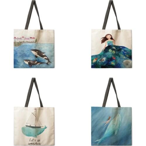 Ocean Girl Tote Bag Shoulder Bag Linen Fabric Casual Tote Bag Foldable Shopping Bag Reusable Beach Bag