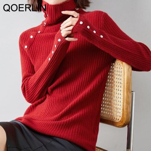 QOERLIN Vintage Winter Turtleneck Sweater Women Long Sleeve Pullovers Plus Size Buttons Stretch Knitted Tops Red Jersey Mujer