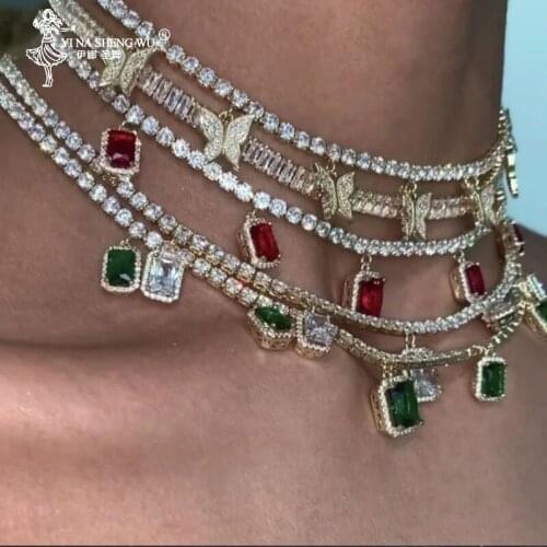 Iced Out Bling Hip Hop Women Jewelry Heart Arrow CZ Tennis Chain With CZ Butterfly Charm 32+10CM Choker Necklaces For Gift 2020