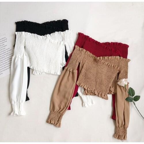 HISUMA Spring Autumn Women Slash Neck Lantern Sleeve Cross Front Basic Ruffle Shirt Lady Short Elastic Slim Pullover Blouse Tops