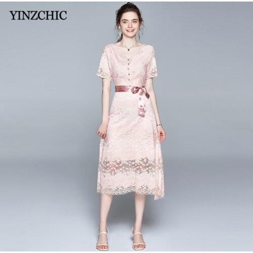 Hollow-out Woman Summer Lace Dress V-neck Slim A-line Ladies Elegant Dresses Short Sleeve Sweet Pinky Dress for Woman