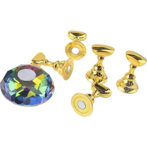 1pcs Nail Crystal Base+5 Gold Holder /set Art Display Magnetic Practice Displays Holder False Nail Art Tip Design DIY Nails Tool