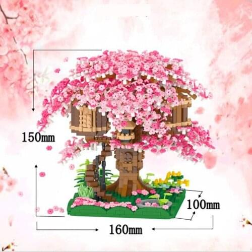 2020P+ Sakura House Architecture Blocks Dream Romantic Tree Home 3D Model DIY Flower Mini Building Small Brick Toy For Children