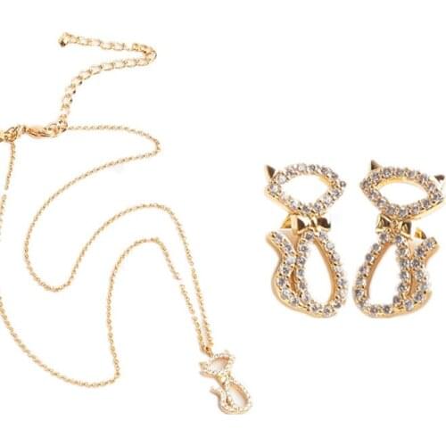 Free shipping cute cat inlay zircon necklace earings